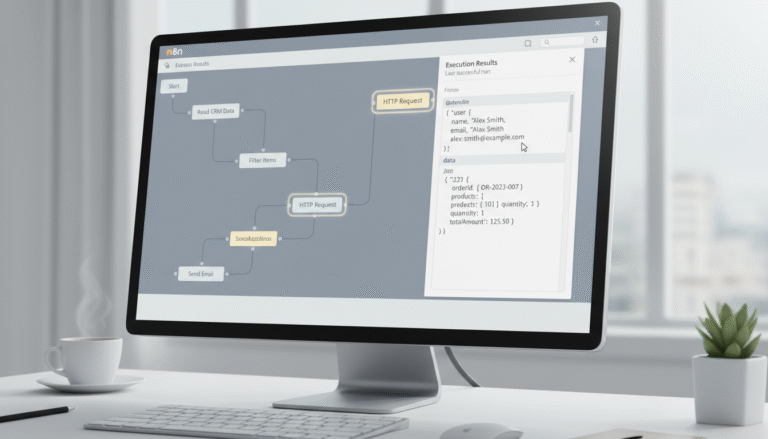 interface n8n affichant un workflow en exécution