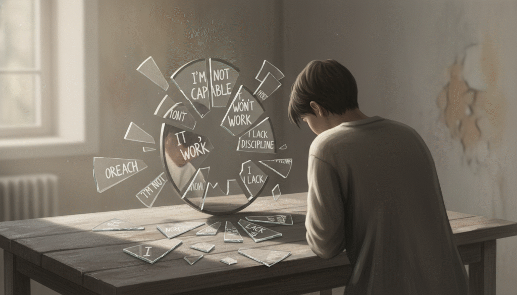 personne vue de dos regardant un miroir cassé avec pensées négatives