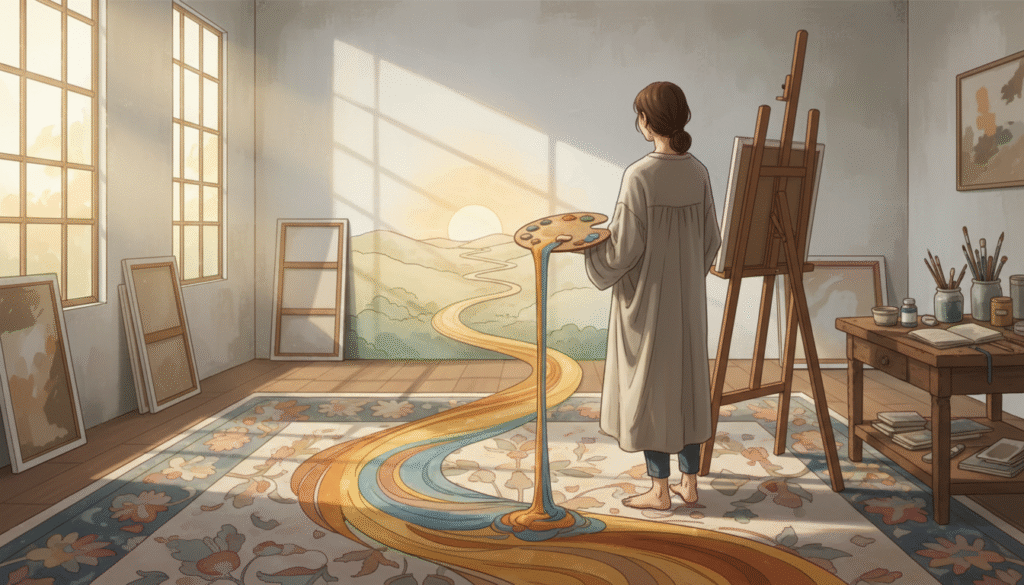 Personne de dos devant un chevalet avec palette dont les couleurs forment un chemin ondulé