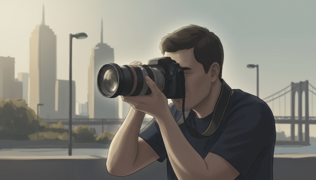 Personne concentrée utilisant un appareil photo reflex en milieu urbain flou