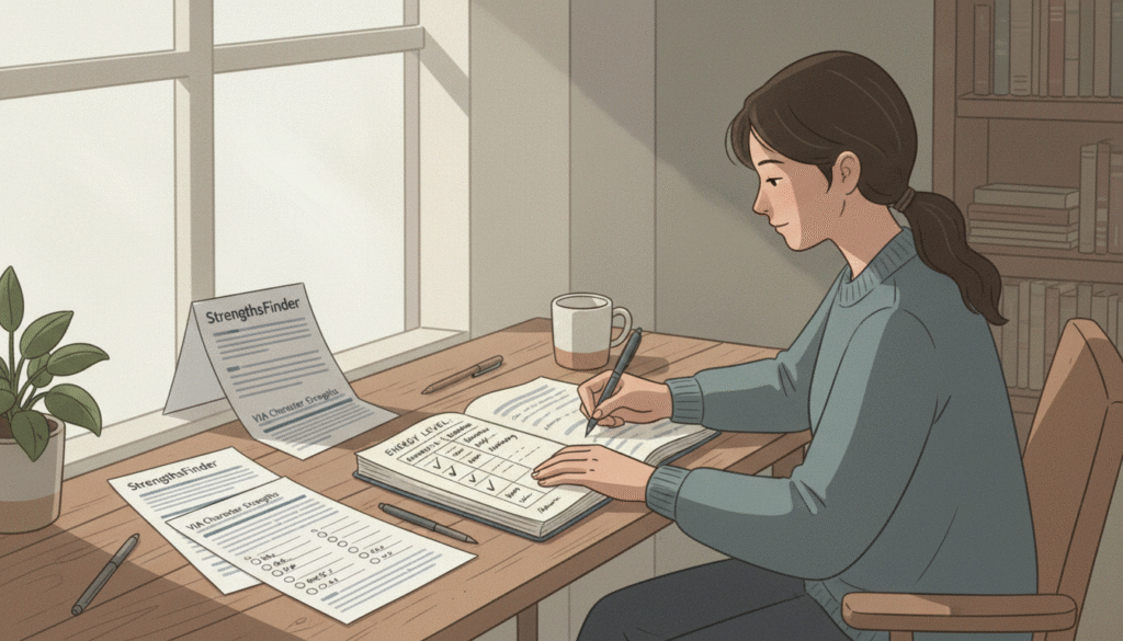 Personne assise à un bureau lumineux prenant des notes dans un carnet avec des questionnaires de personnalité