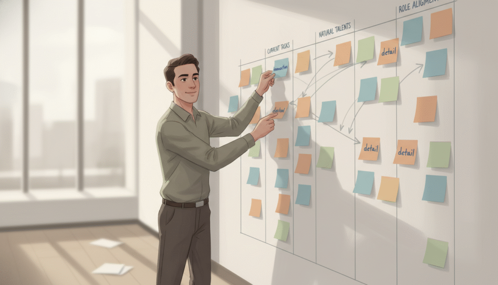 Professionnel debout devant un tableau blanc avec des post-it colorés, réétiquetant des tâches