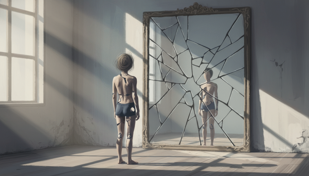 personne de dos face à un miroir brisé avec reflets déformés