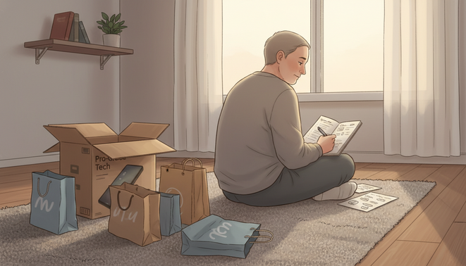 Personne assise près d'une fenêtre dans un intérieur contemporain avec sacs de shopping et carnet de notes