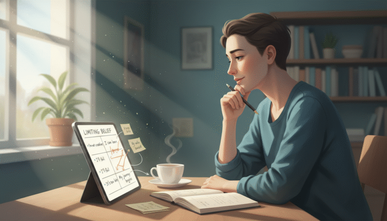 personne réfléchissant devant un tableau de croyances