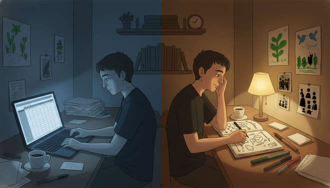 Personne dans un intérieur sombre, entre lumière froide d’ordinateur et lampe chaude d’écriture créative