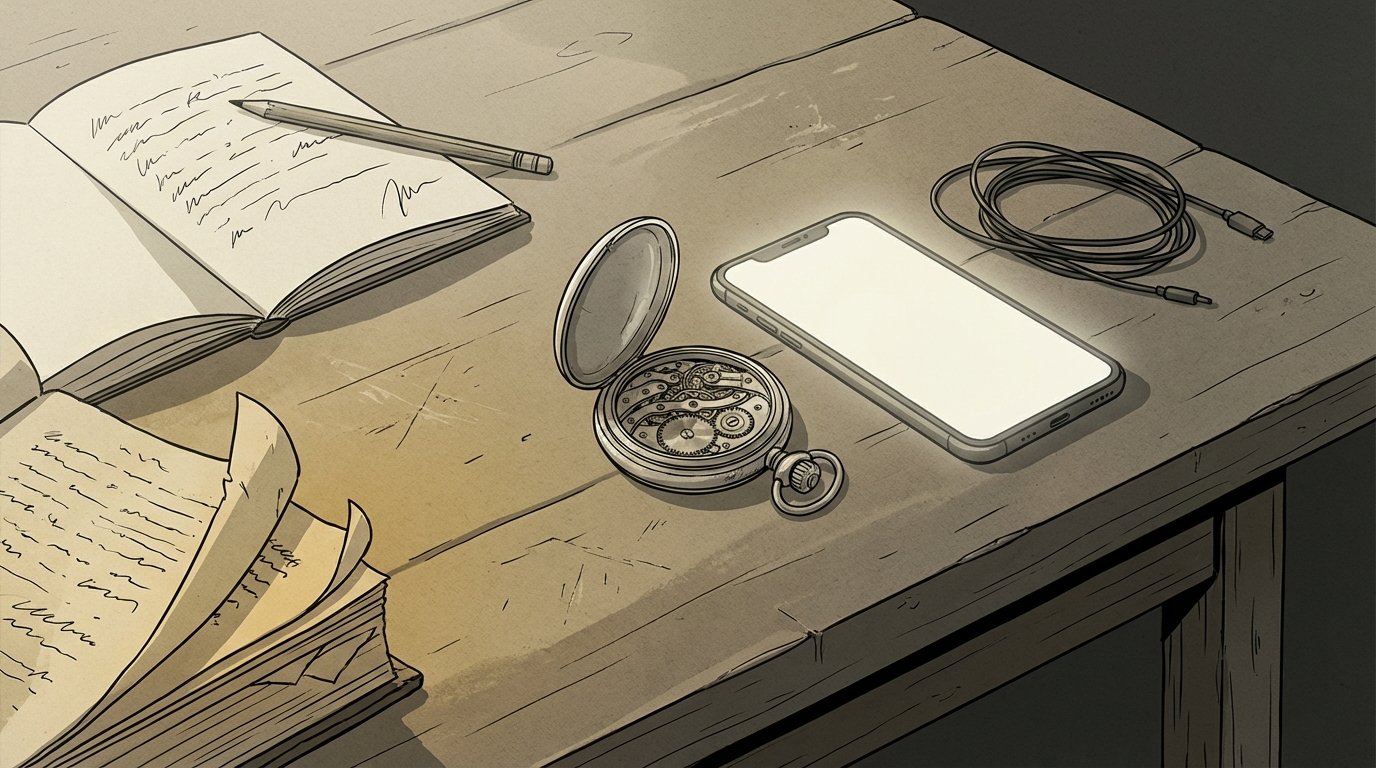 Montre de poche et smartphone sur table en bois avec cahier et livre
