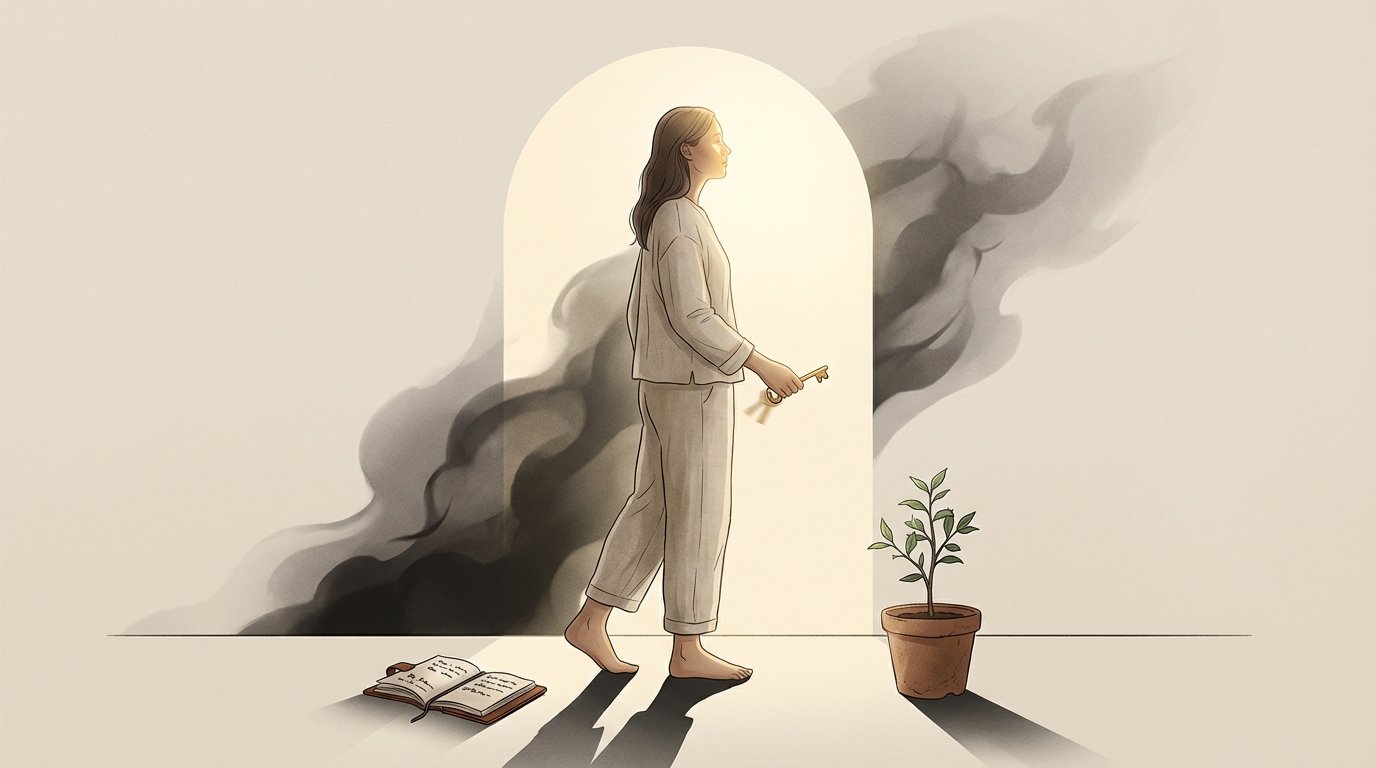 Illustration femme debout avec une clé dorée