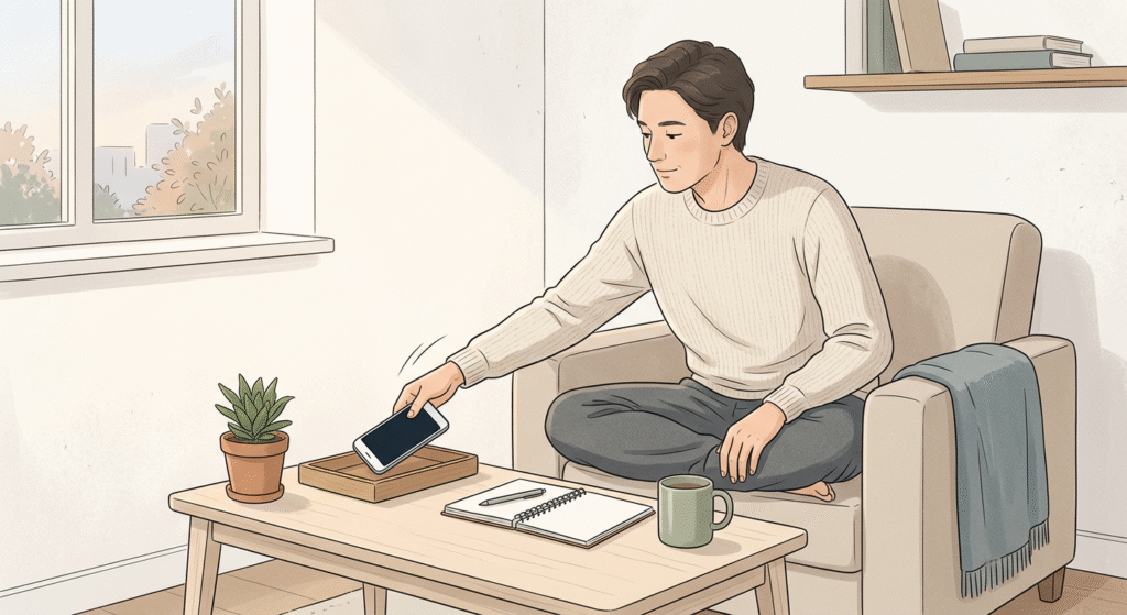 Personne assise dans un fauteuil avec un smartphone et un cahier