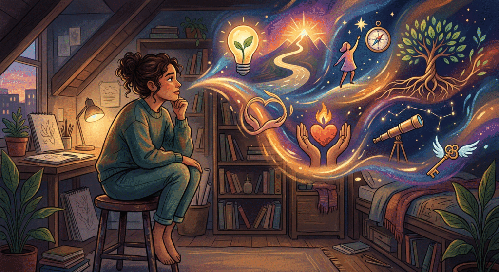 Protagonist observing symbols of deep aspirations