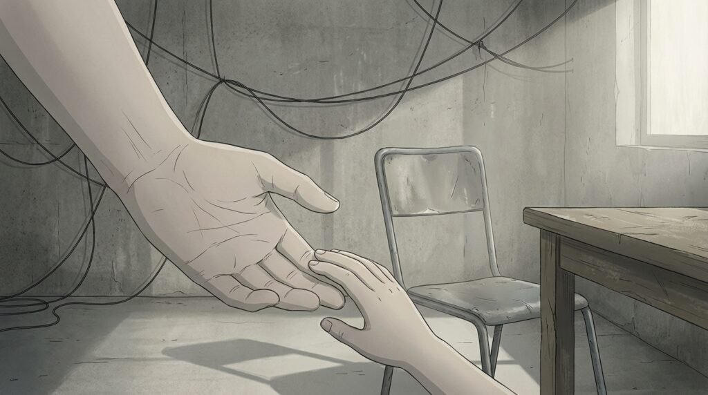 Main adulte et main enfantine se rejoignant dans une ambiance urbaine