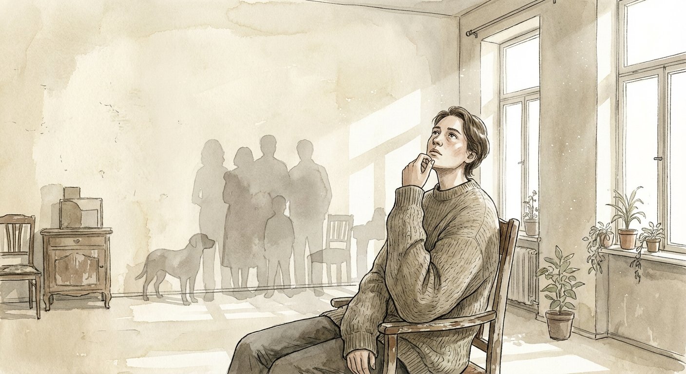 Individu seul dans une pièce spacieuse, regardant autour de lui avec une expression contemplative.