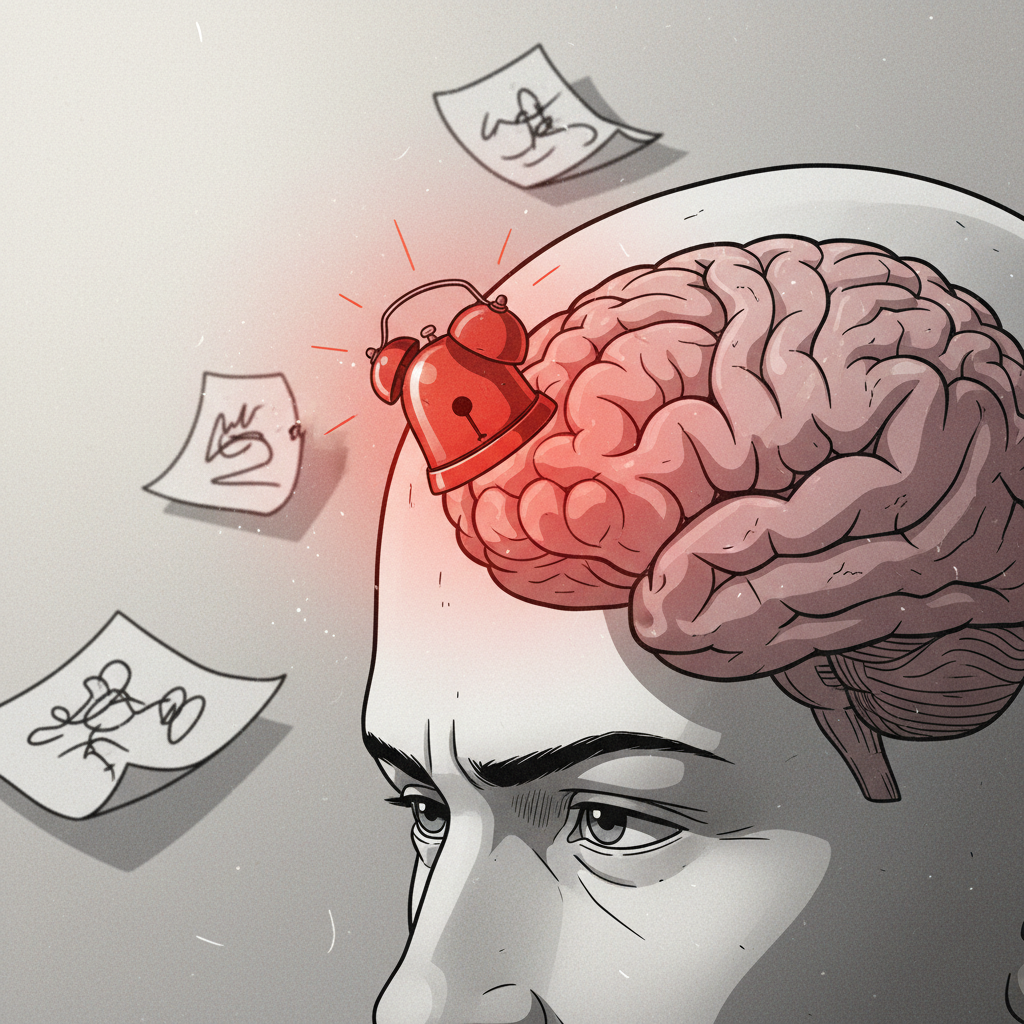 Illustration d'un cerveau avec une alarme rouge