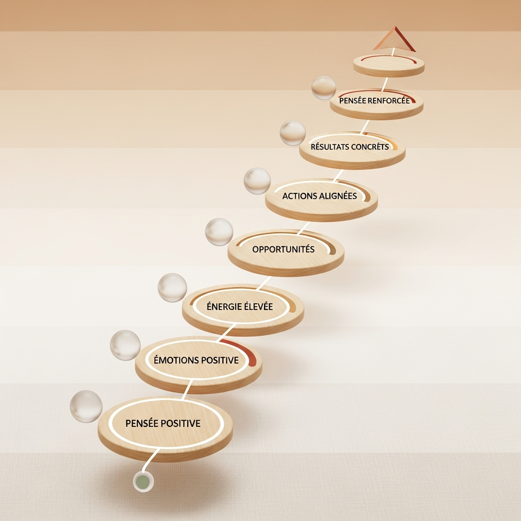 Illustration de la Loi de l'Attraction sous forme de spirale ascendante en style soft UI