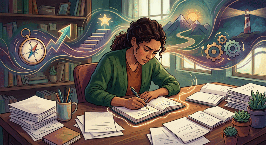 Personne assise à un bureau avec des documents et des stylos, concentrée sur la définition d'objectifs clairs et alignés.