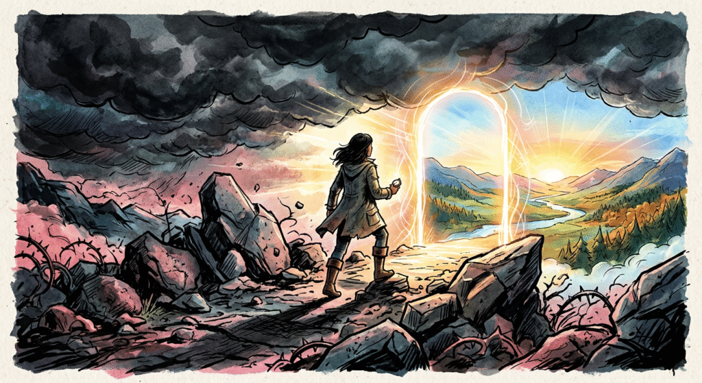 Personne franchissant un seuil lumineux entouré d'obstacles symboliques