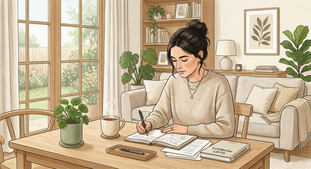 Femme écrivant dans un salon avec tasse de thé et plantes