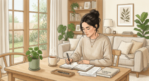 Femme écrivant dans un salon avec tasse de thé et plantes