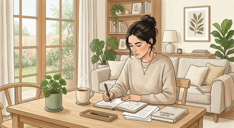 Femme écrivant dans un salon avec tasse de thé et plantes