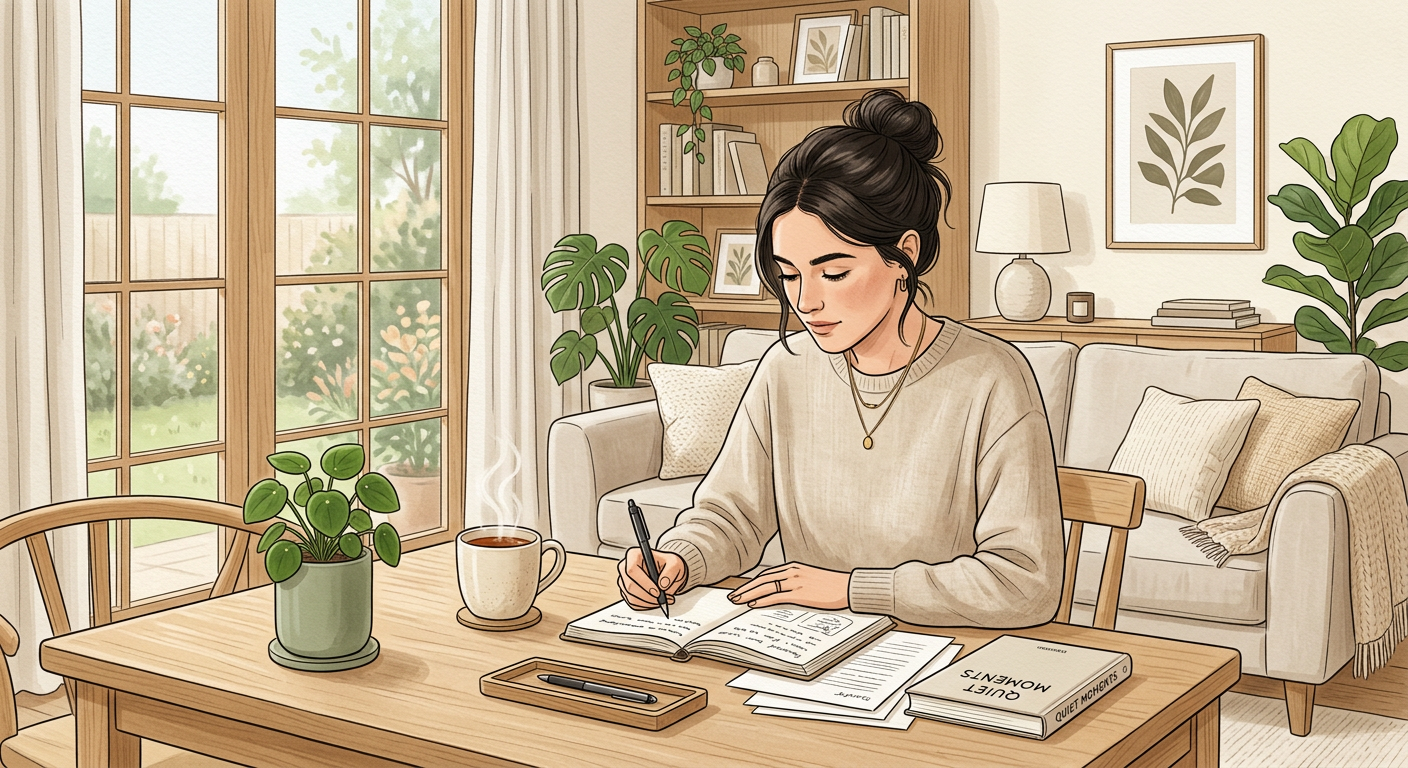 Femme écrivant dans un salon avec tasse de thé et plantes