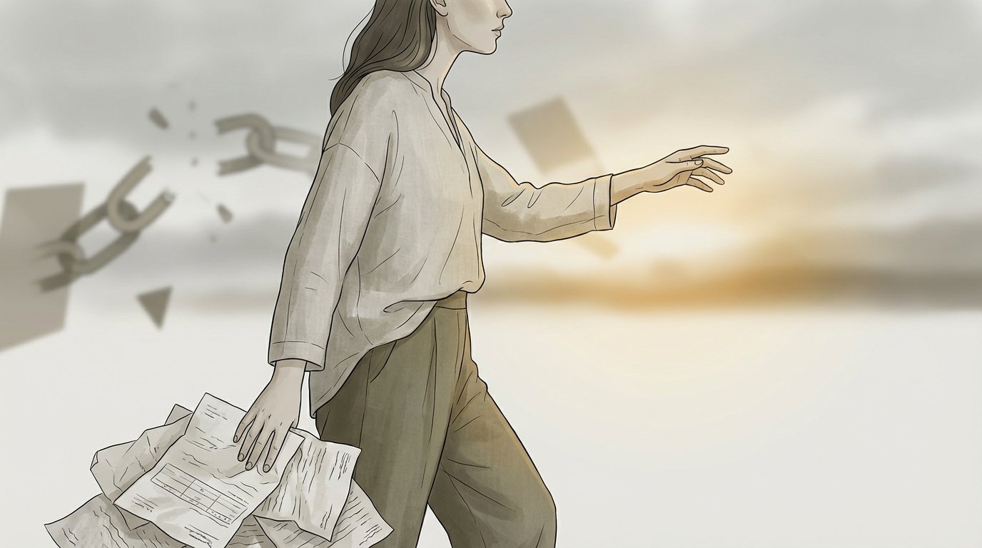 Femme se tenant dans un espace minimaliste, main posée sur des documents administratifs, tendant la main vers une source de lumière dorée