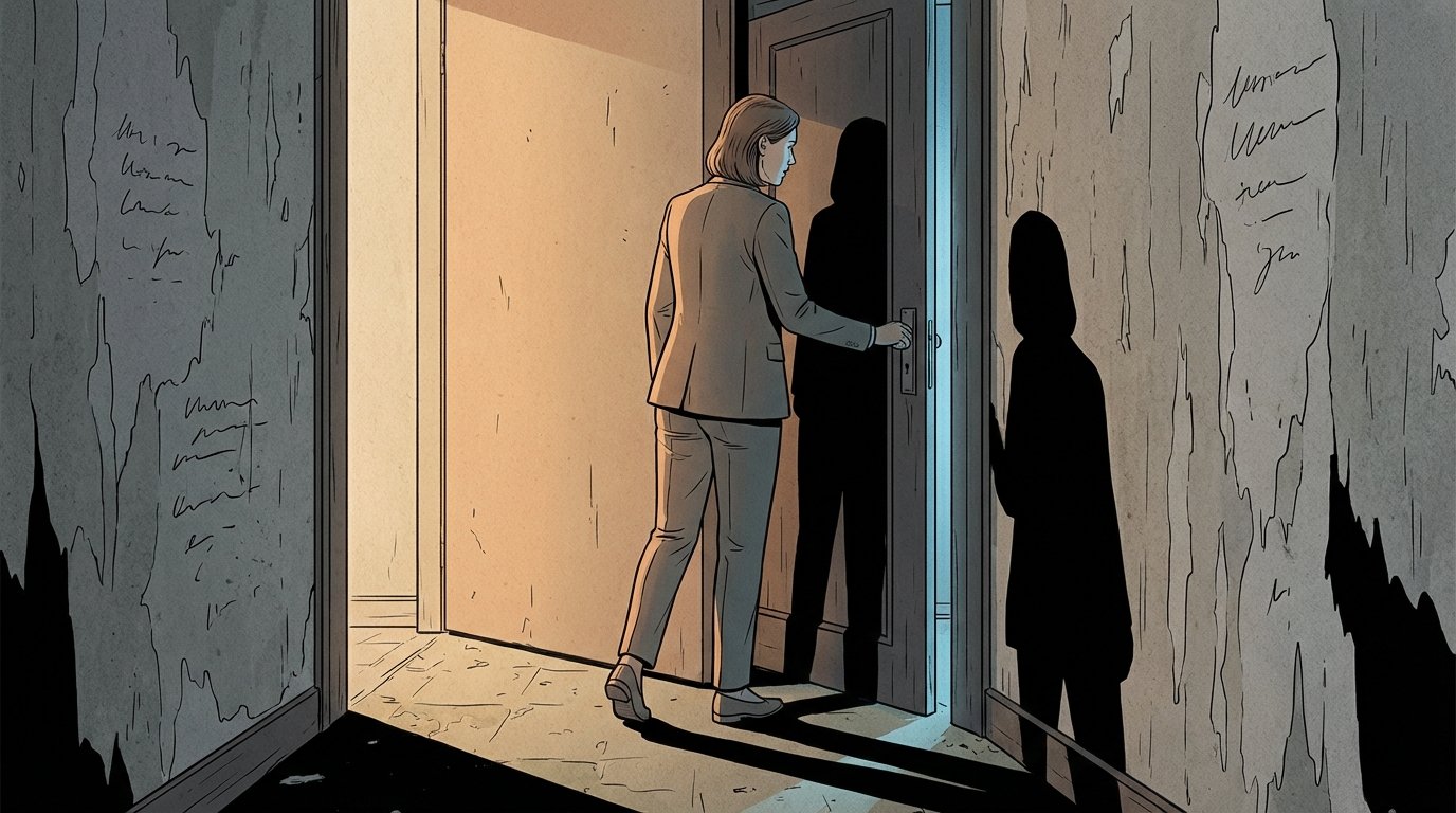 Illustration d'une femme hésitante devant une porte entre-ouverte dans un couloir sombre et lumineux.