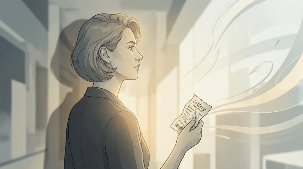 Illustration d'une femme tenant un billet de loterie froissé dans une ambiance lumineuse