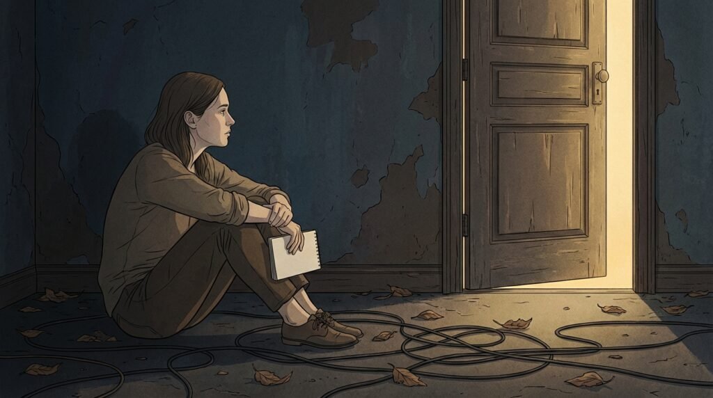 Femme assise devant une porte entre-ouverte, tenant un carnet