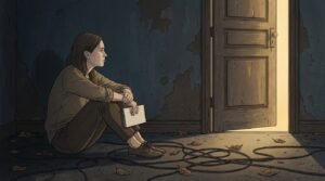 Femme assise devant une porte entre-ouverte, tenant un carnet