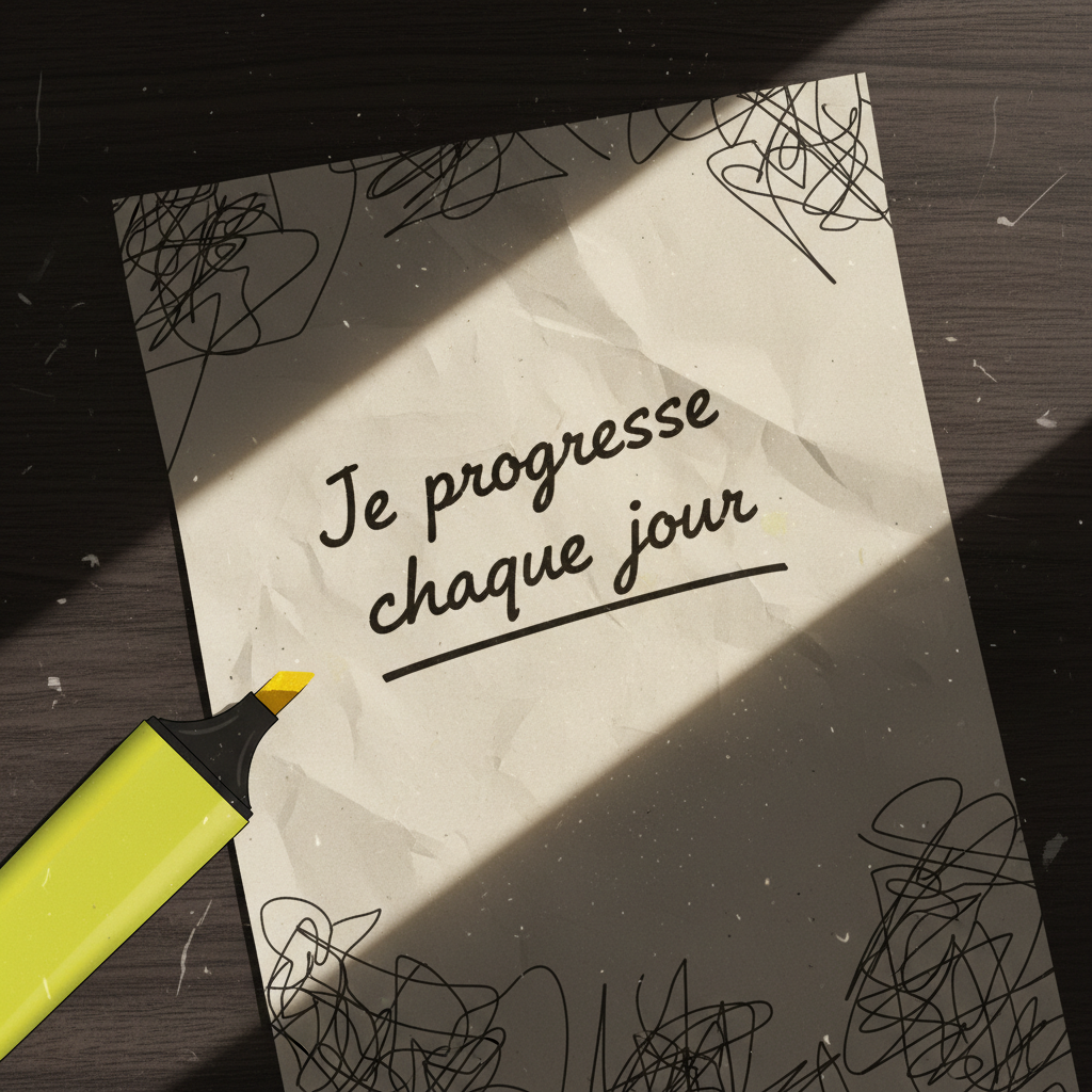 Feuille de papier avec affirmation en français sur un bureau sombre éclairé