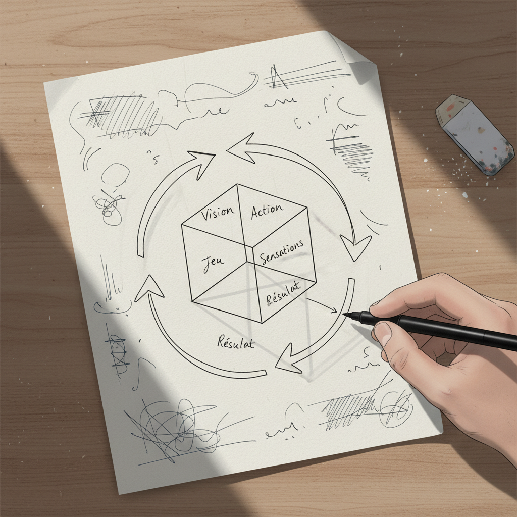 Cube diagramme avec mots français sur page de cahier texturée