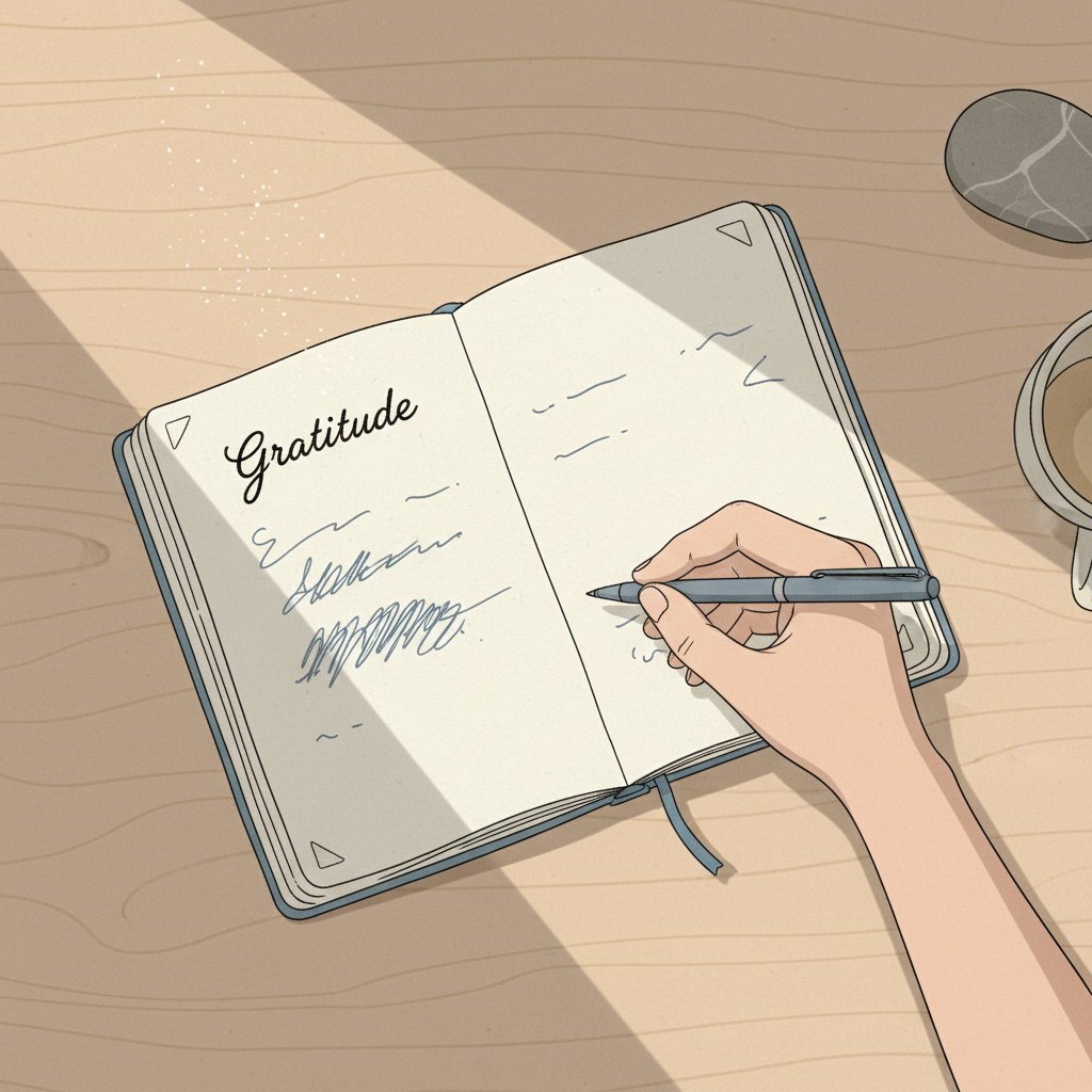 Illustration d'une main écrivant le mot 'Gratitude' dans un carnet ouvert sur un bureau éclairé par une lumière directionnelle