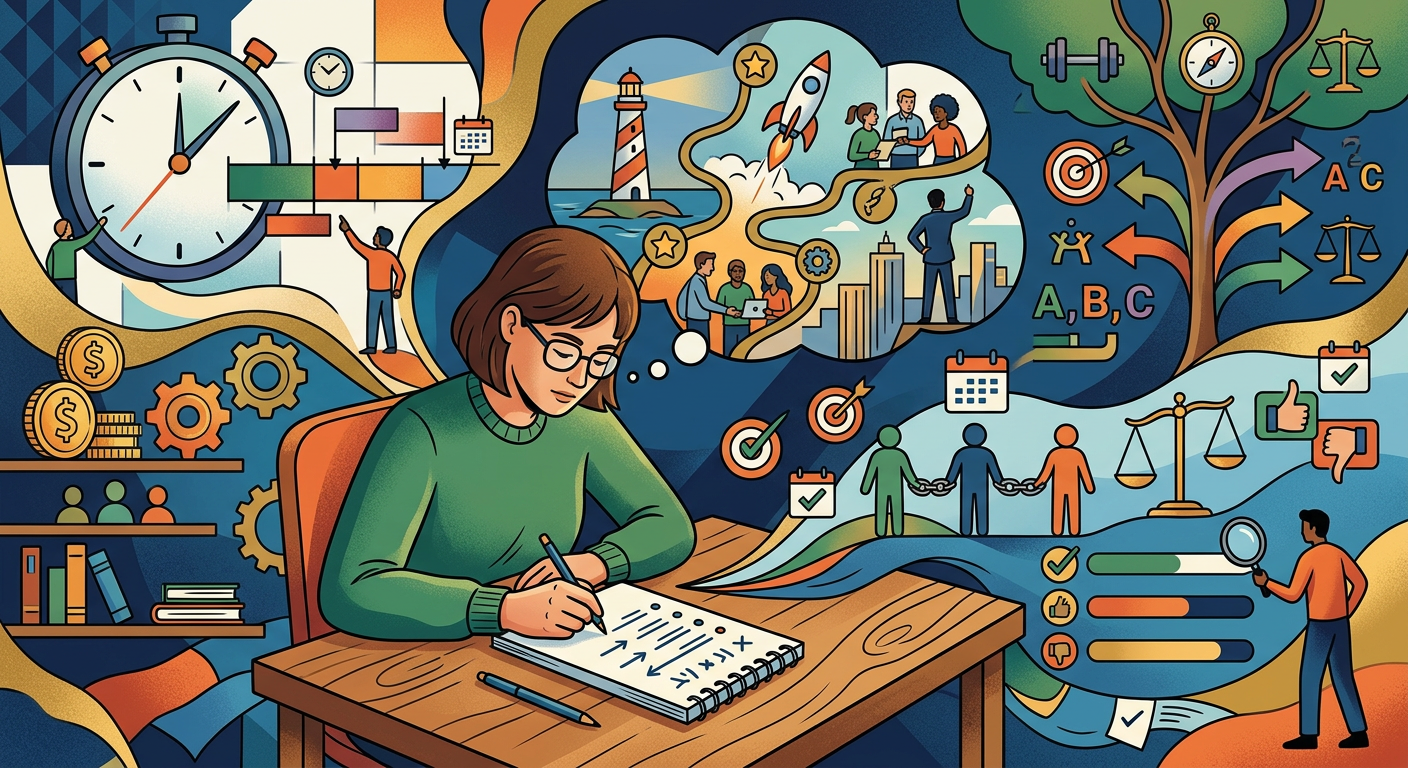 Person sitting at desk noting actions on paper