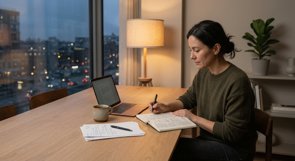 Intérieur contemporain apaisant avec bureau en bois et personne en train de prendre des notes