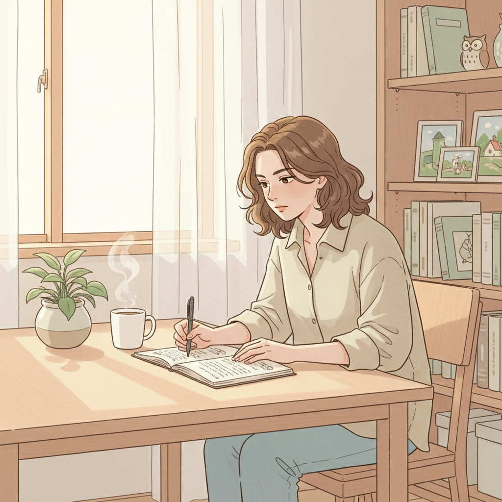 Personne concentrée à une table en bois clair avec des notes et un thé.