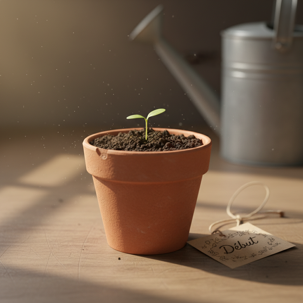 Jeune pousse verte dans un pot en terre cuite sur bois