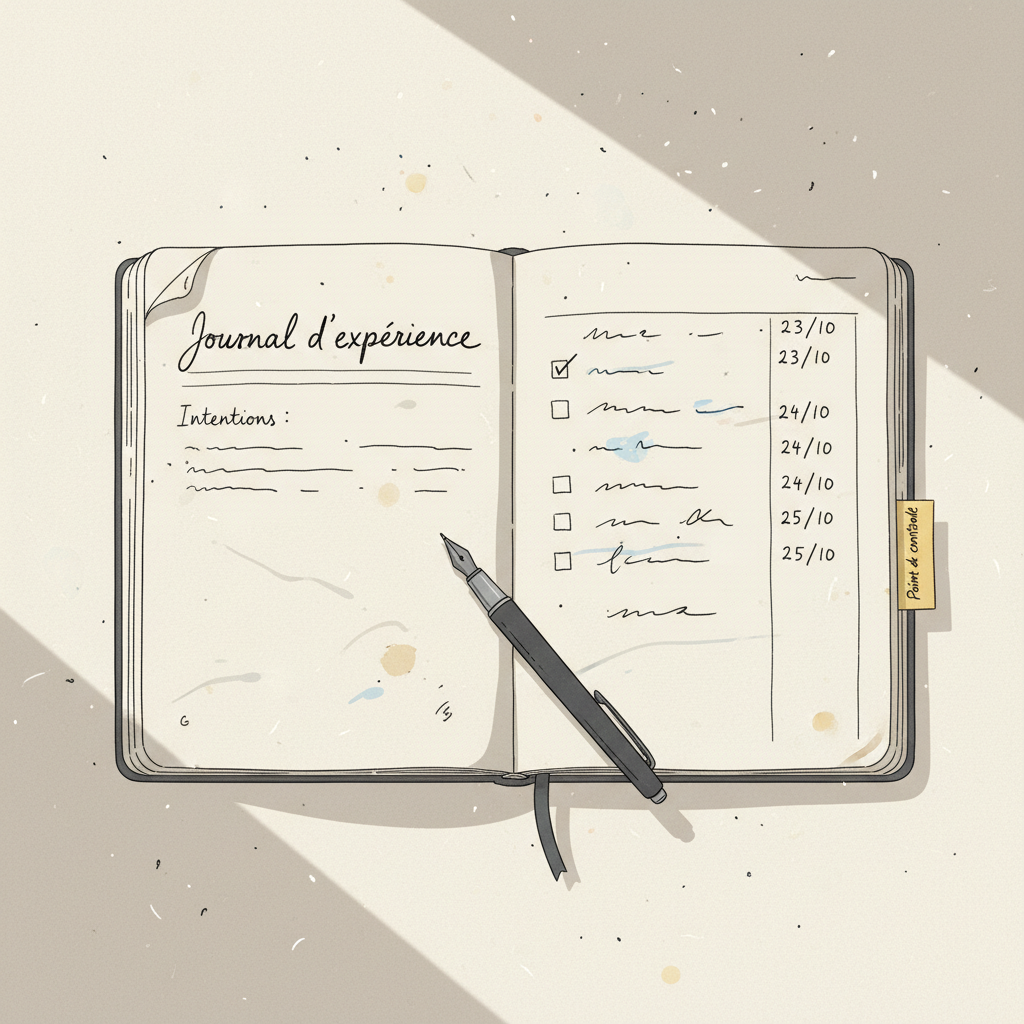 Journal personnel ouvert sur un bureau avec annotations en français