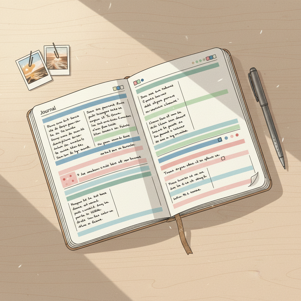 Journal ouvert avec des notes colorées et un tableau d'inspiration sur un bureau