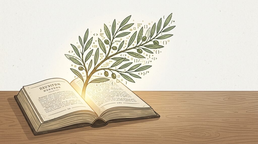 Branche d'olivier et code informatique s'échappant d'un livre ouvert sur un bureau en bois