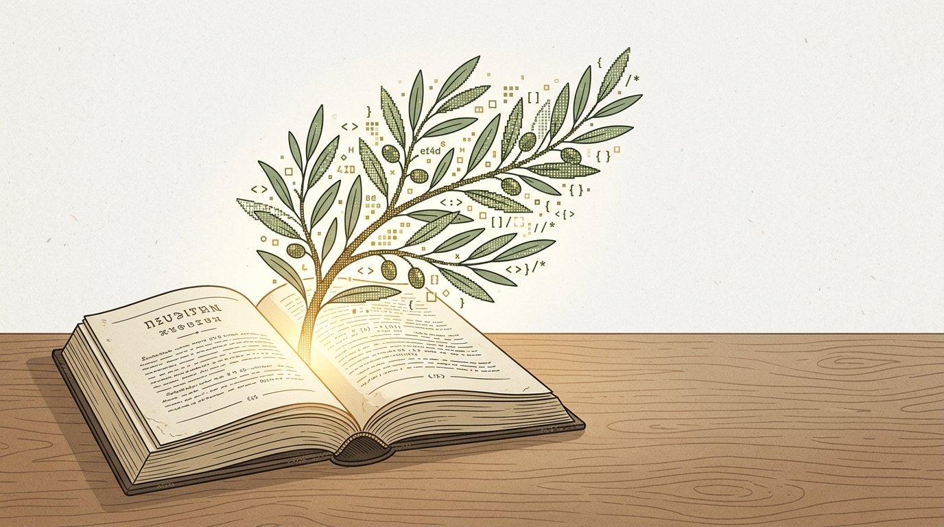 Branche d'olivier et code informatique s'échappant d'un livre ouvert sur un bureau en bois