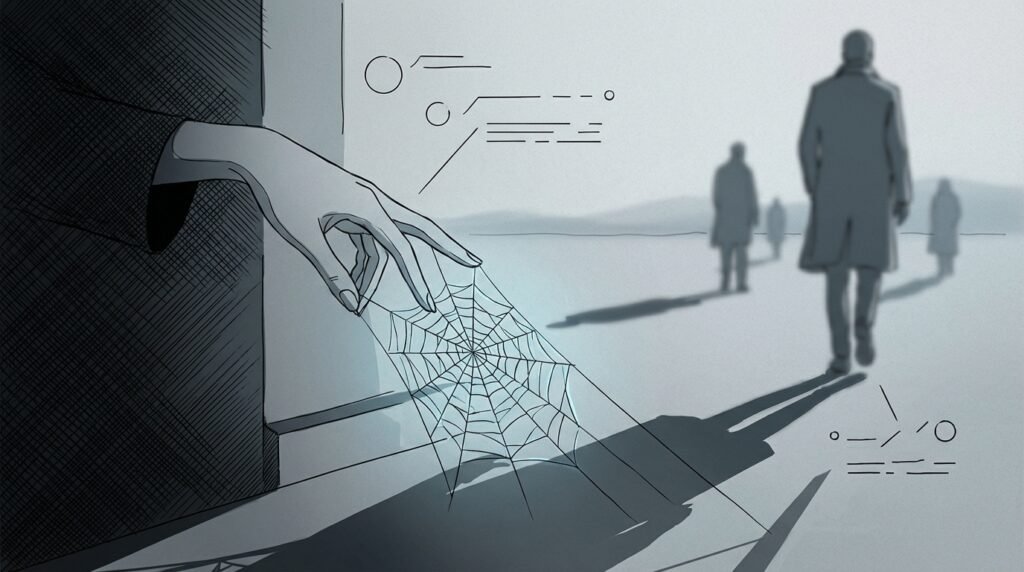 Main tendue vers une toile d'araignée, silhouette humaine floues en arrière-plan