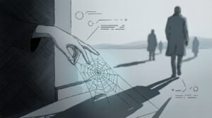 Main tendue vers une toile d'araignée, silhouette humaine floues en arrière-plan