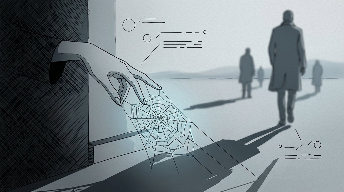 Main tendue vers une toile d'araignée, silhouette humaine floues en arrière-plan