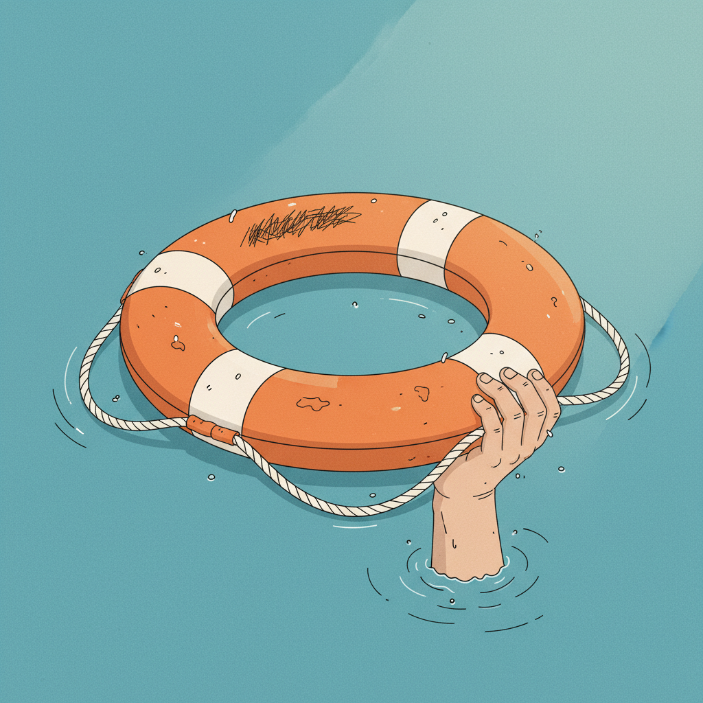 Main tenant fermement une bouée orange et blanche sur l'eau