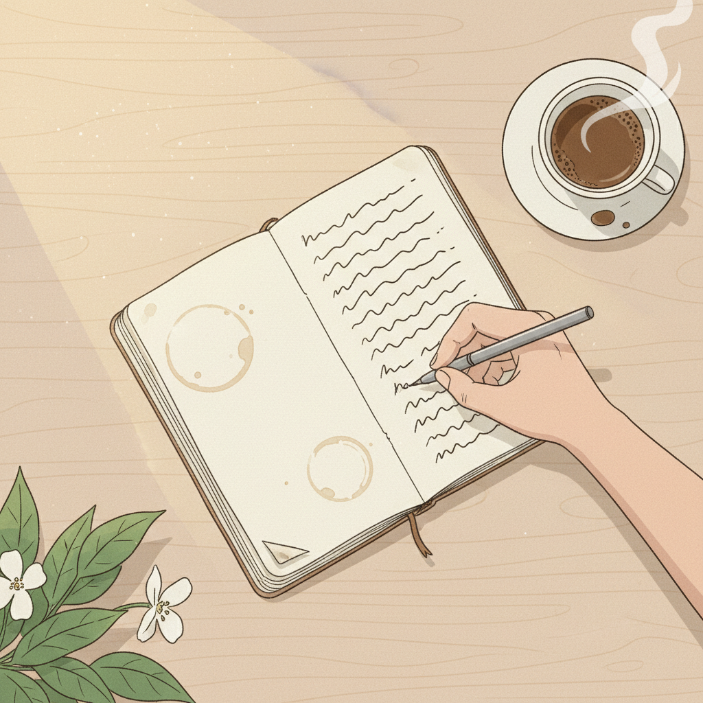 Main écrivant avec un stylo sur un carnet ouvert sur un bureau