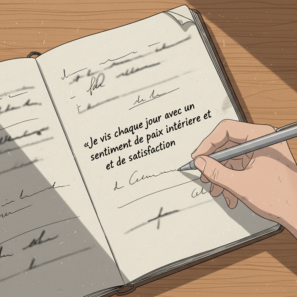 Main écrivant sur carnet en bois avec texte en français