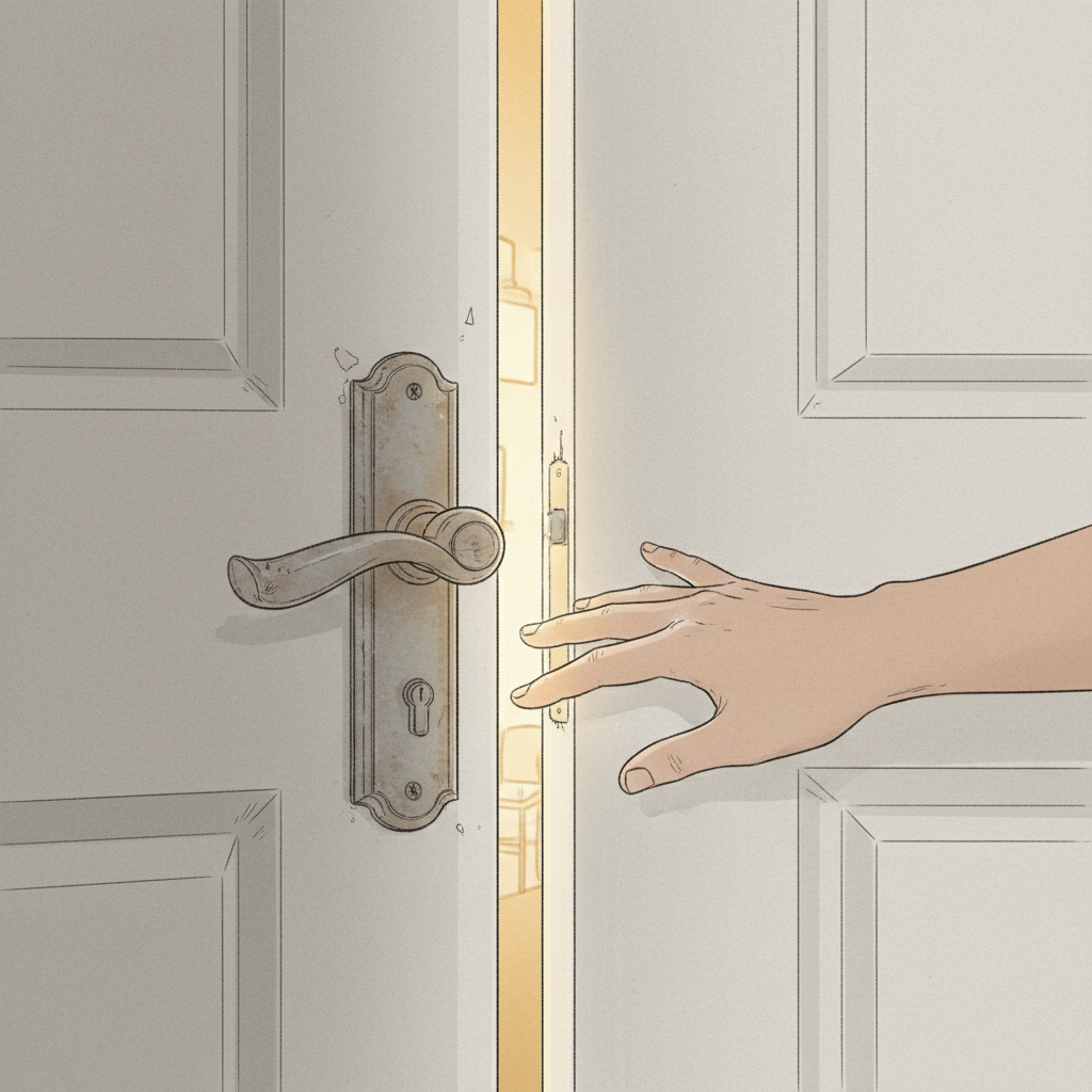 Main poussant une porte, lumière chaleureuse à travers une ouverture