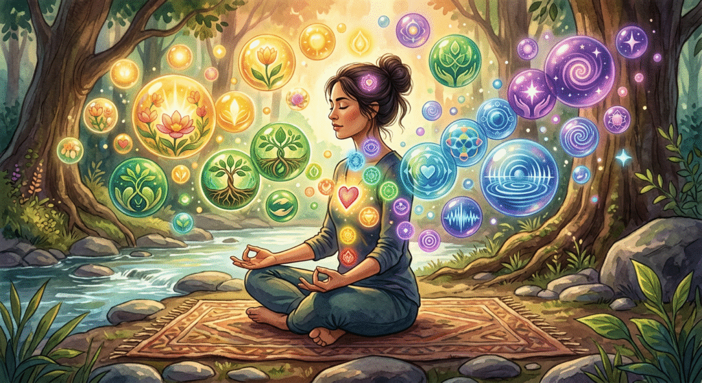 Personne en méditation entourée de bulles émotionnelles colorées