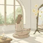 Femme méditant près d'une fenêtre avec miroir vintage et papillons.