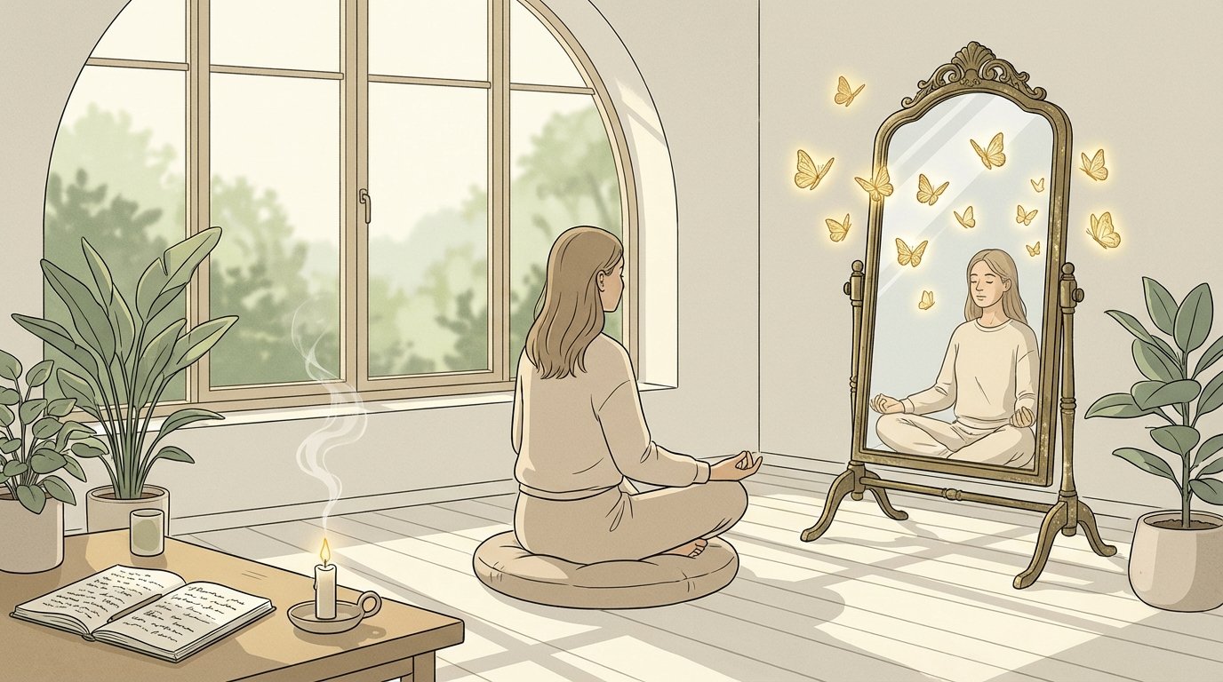 Femme méditant près d'une fenêtre avec miroir vintage et papillons.